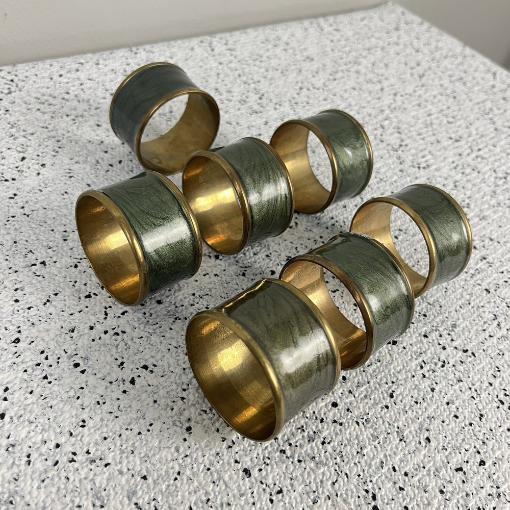 Set of 7 Vintage Brass & Green Pearlescent Enamel Napkin Rings
